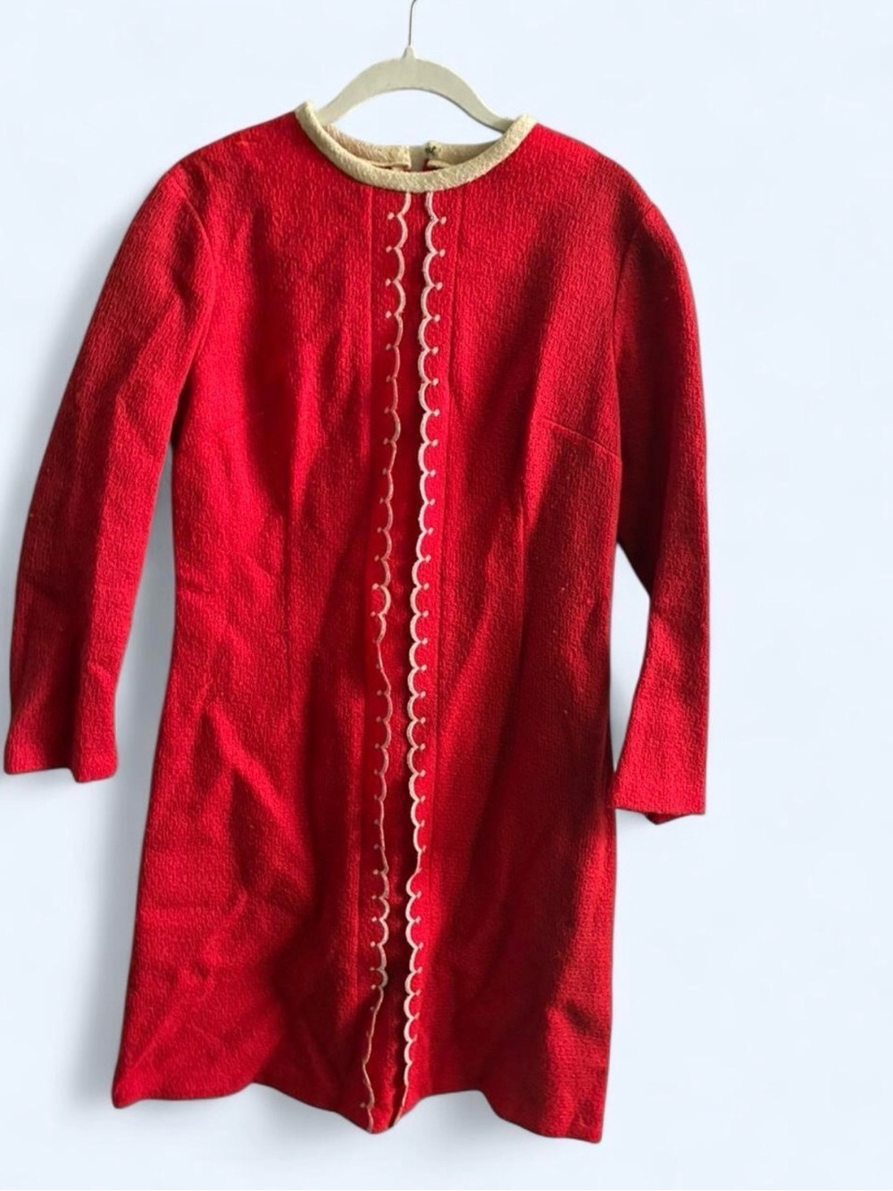 Vintage Red 100% Wool Scalloped Trim Retro Shift Dress Size 15